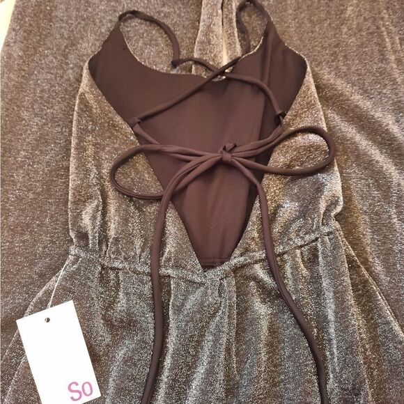 NWT Sparkle Jumpsuit Halter Knit Cross Back Metallic - Picture 9 of 13